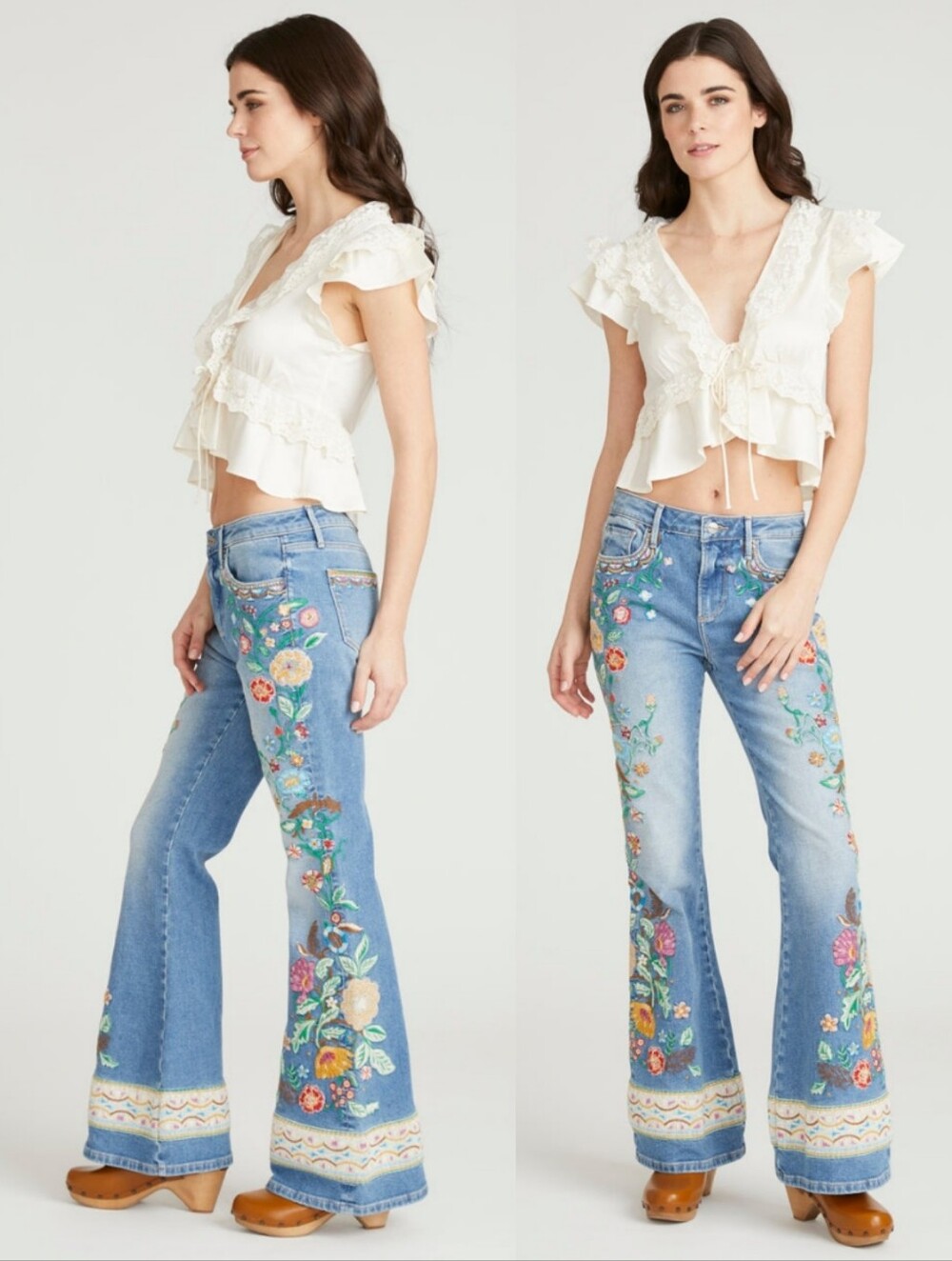 NWT Free People Driftwood Farrah Gardenia Embroidered Flare Jeans - Picture 4 of 13